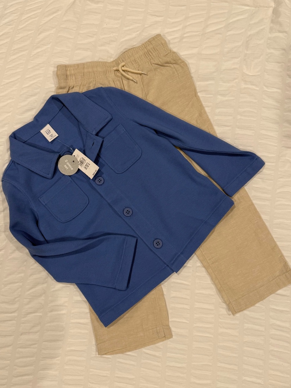 Blue Button Front Shirt with Beige Linen Pants